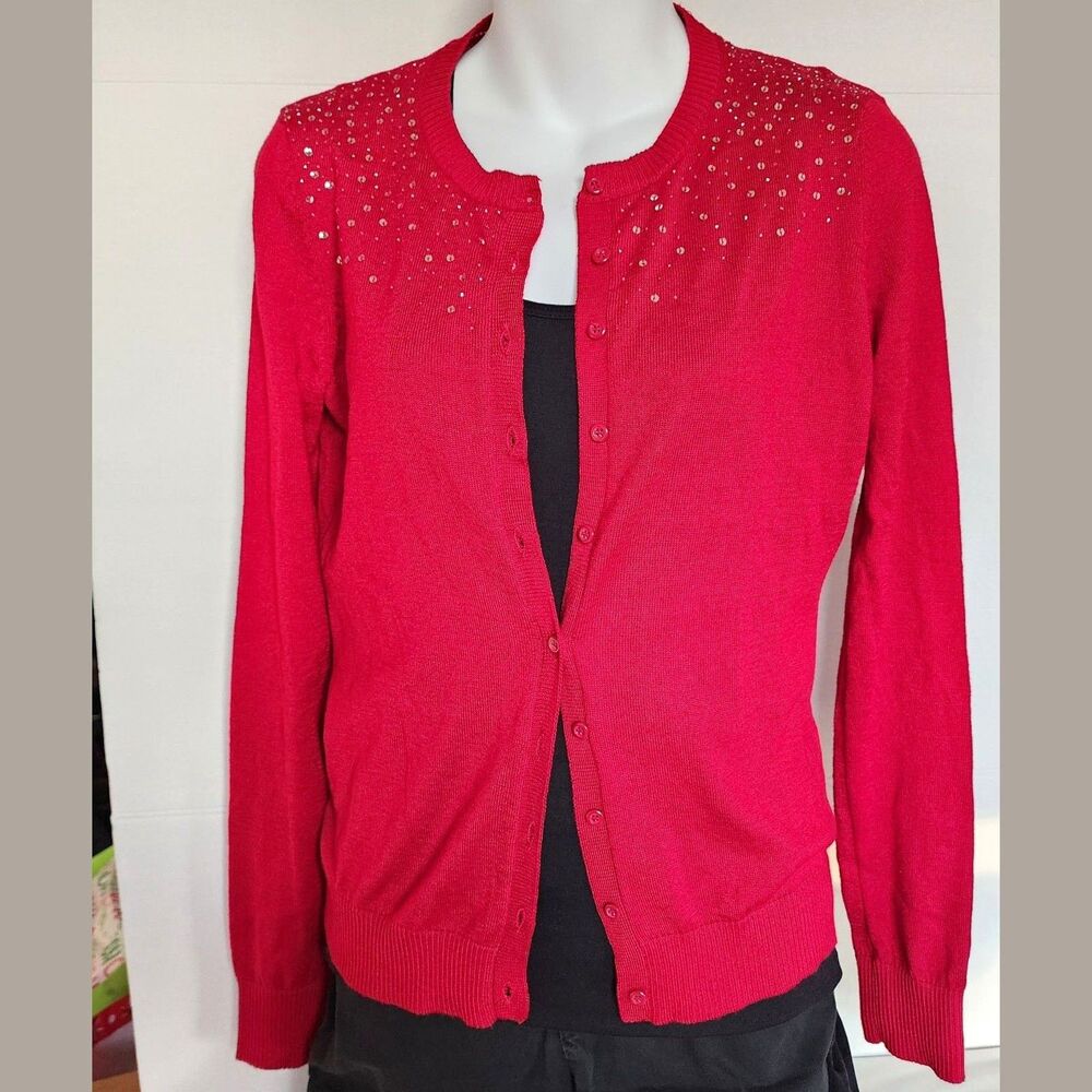 Central Park West Red Sequin Beaded Cardigan S